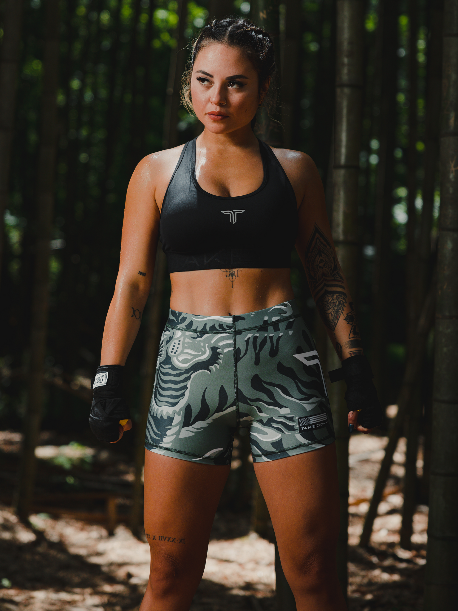 'Tiger Fight' Women's Compression Shorts - Moss Green (4" Inseam)